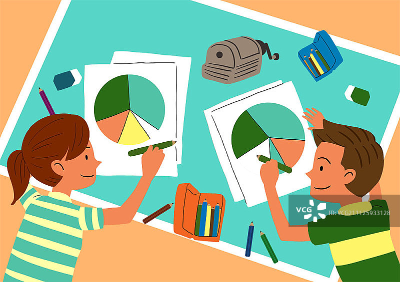 男孩和女孩制作饼图图片素材