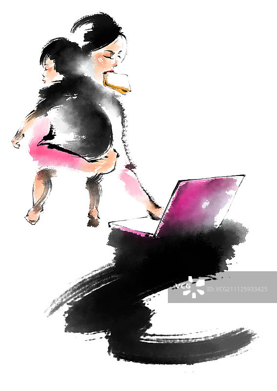 职业女性抱着宝宝使用笔记本电脑图片素材