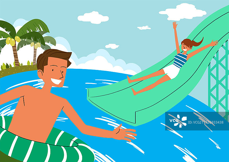 一对情侣在水上乐园玩滑梯图片素材