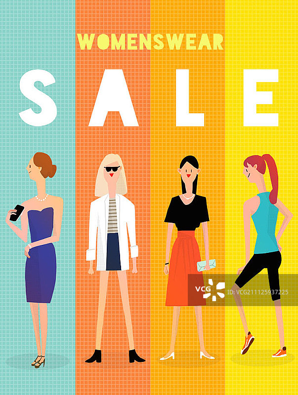 穿着不同风格服装的女性与促销标志图片素材