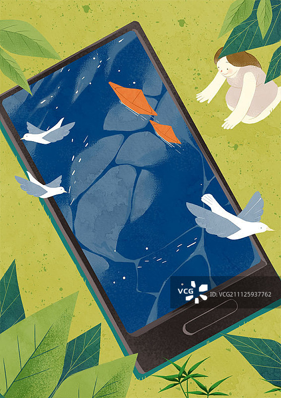 女人看着智能手机屏幕上的纸船图片素材