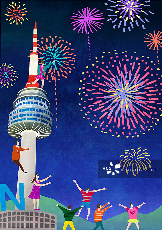 烟花塔楼人物插画图片素材