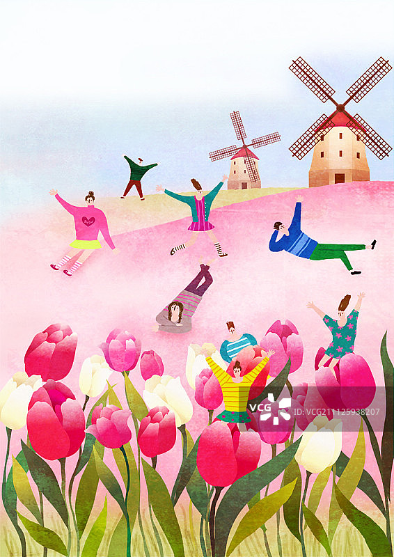风车和郁金香小雕像插画图片素材