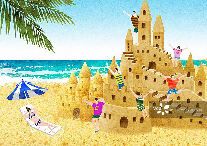 沙滩沙堡小雕像插画图片素材