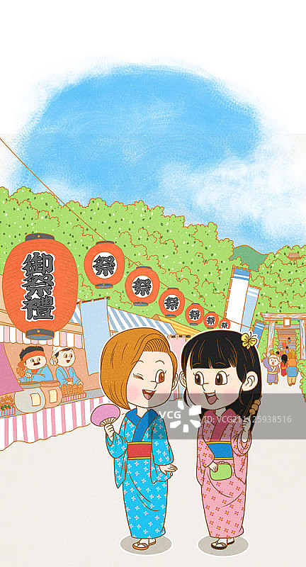 穿着浴衣的女孩们在街上图片素材