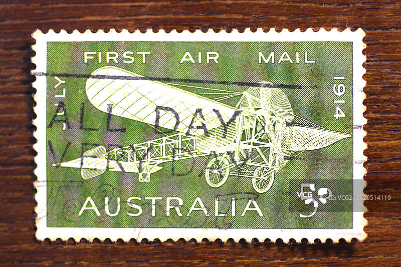 澳大利亚绿色双翼机首枚航空邮票图片素材