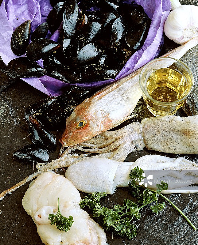 乌贼、红鲷鱼、贻贝图片素材