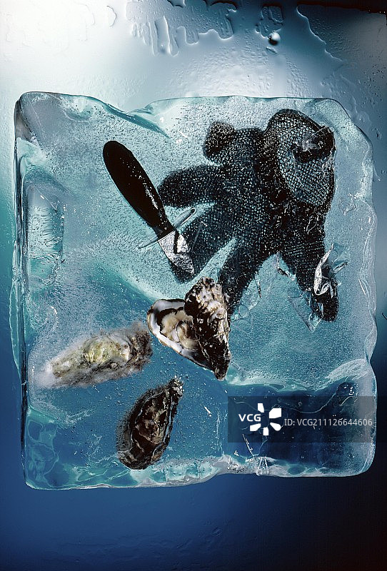 冰块中的牡蛎与刀和手套图片素材