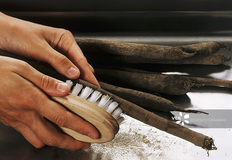 用刷子清洁婆罗门参图片素材