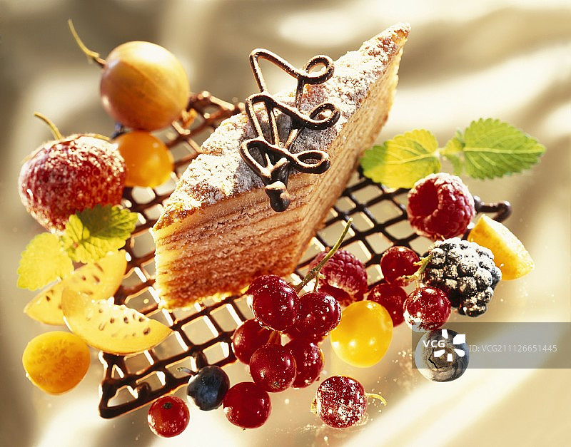 巧克力格子上搭配新鲜水果的树桩蛋糕图片素材