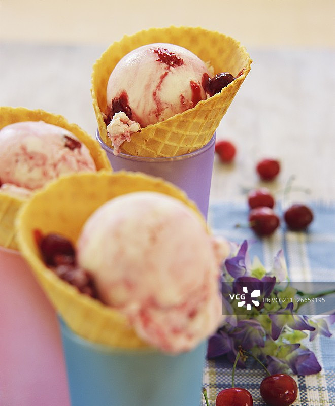 冰淇淋蛋筒中的樱桃冰淇淋图片素材