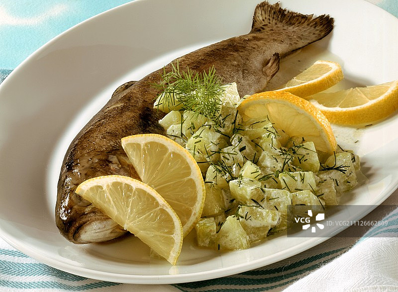 用锡箔纸烤的鳟鱼配黄瓜沙拉图片素材