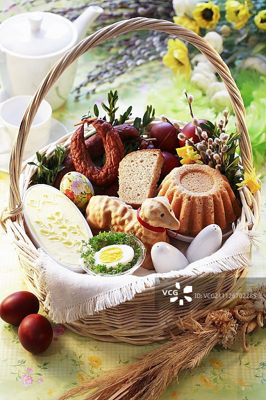 复活节篮子里的蛋糕、香肠和面包等图片素材
