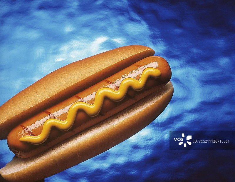 蓝色有机玻璃上涂有芥末酱的热狗图片素材