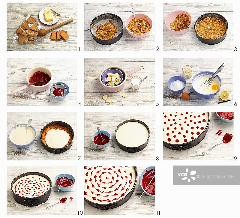 覆盆子酱奶酪蛋糕的制作过程图片素材