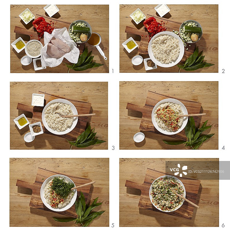 正在制作的野生大蒜鸡胸肉珍珠麦沙拉图片素材