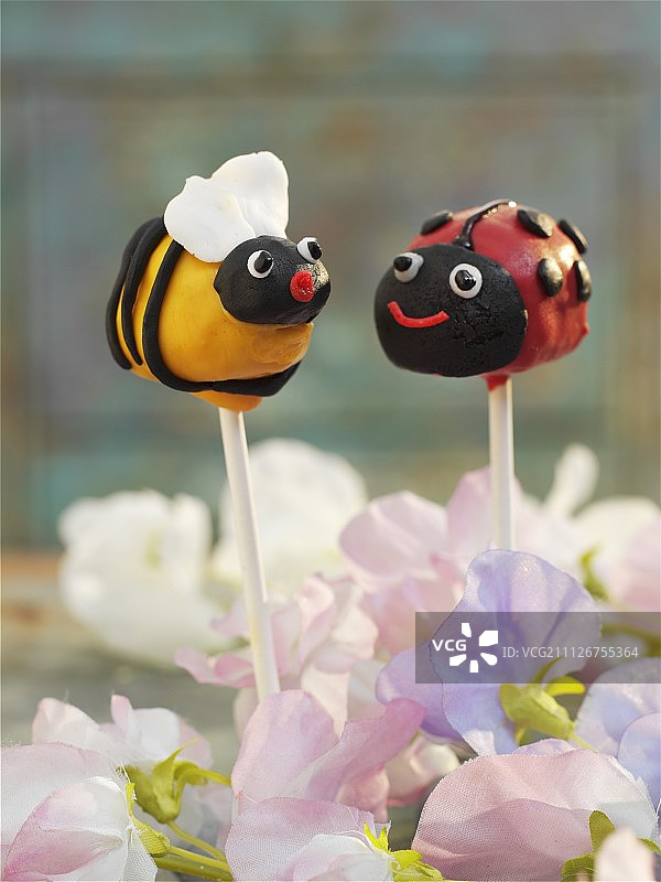 蜜蜂和瓢虫造型的蛋糕棒棒糖图片素材