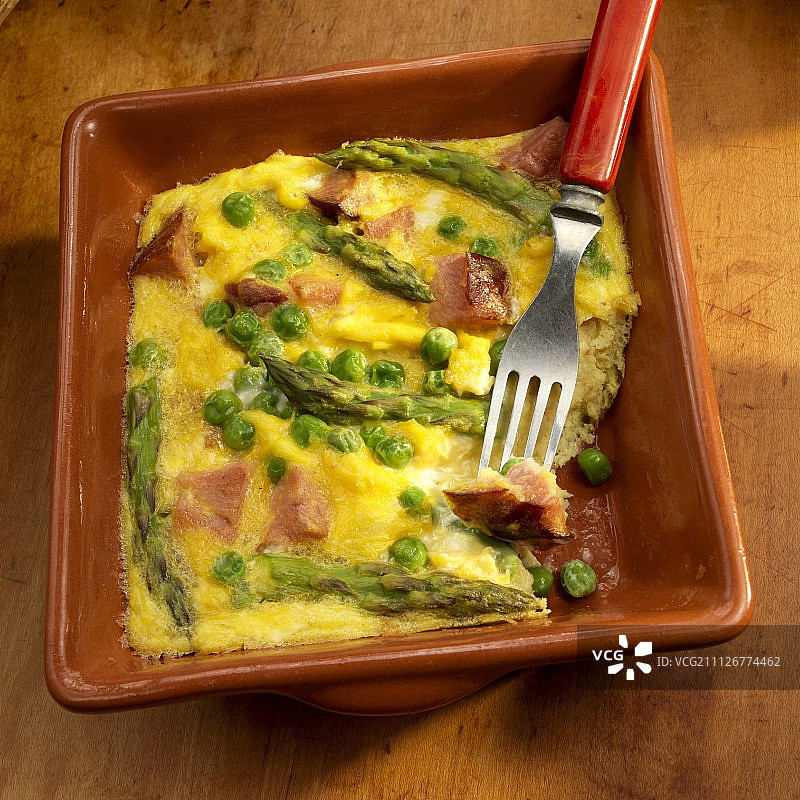 巴斯克鸡蛋配火腿、豌豆和芦笋图片素材