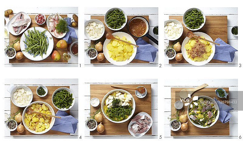 制作中的烟熏腌鲱鱼配梨、青豆和培根图片素材