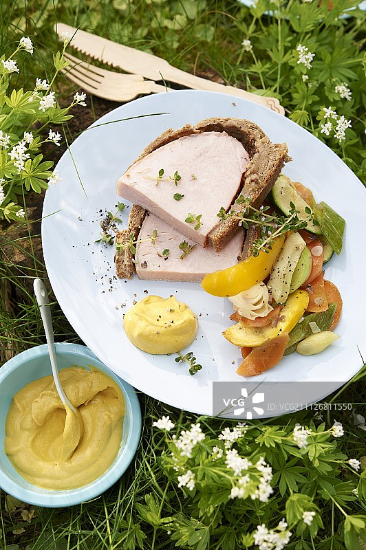 面包面糊包裹的烟熏猪肉配蔬菜沙拉和芥末，适合野餐图片素材
