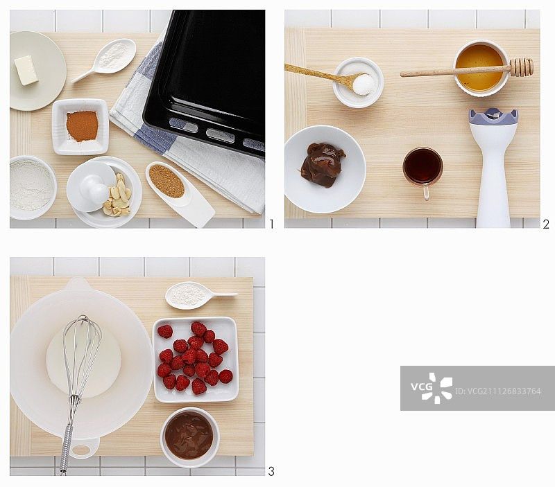 制作中的栗子奶油肉桂法式馅饼，搭配鲜奶油和覆盆子图片素材