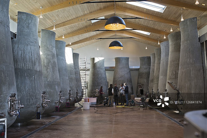 带有有机形状混凝土罐的现代酿酒地窖（法国博勒加德）图片素材