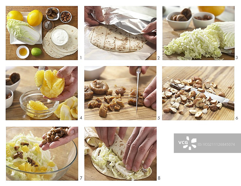 中国白菜橙子和种子卷饼制作中图片素材