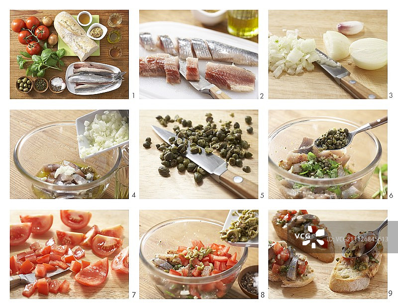 新鲜法棍上的腌鲱鱼番茄沙拉图片素材