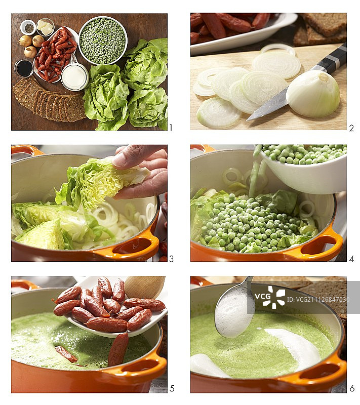 如何用小卡班诺西香肠制作豌豆汤图片素材