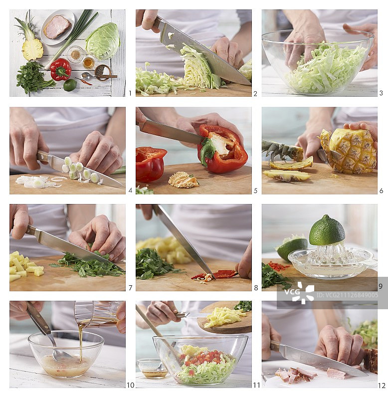 如何准备含腌猪肉、菠萝和辣椒醋汁的凉拌卷心菜图片素材