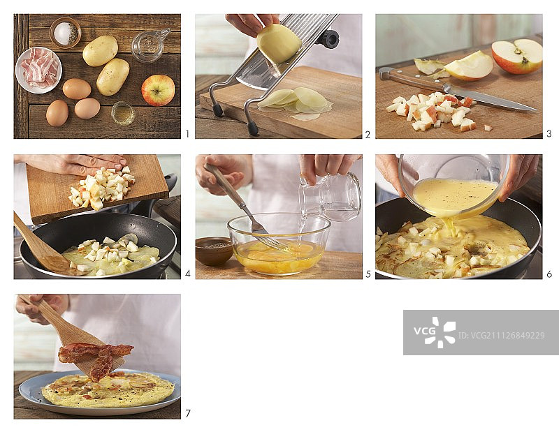 如何准备土豆、培根和苹果煎蛋卷图片素材