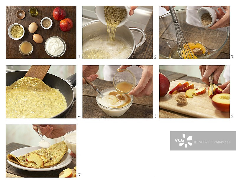 如何准备小米油煎饼配油桃图片素材