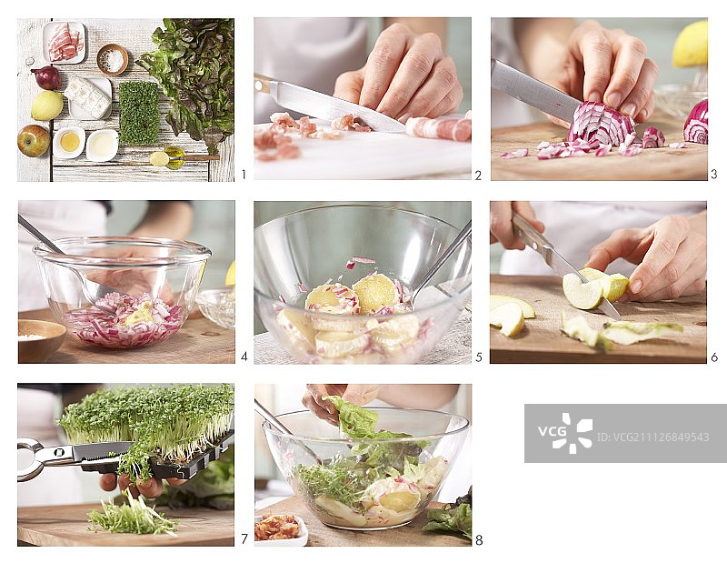 如何准备含水芹、培根和酸奶酪的橡叶生菜图片素材