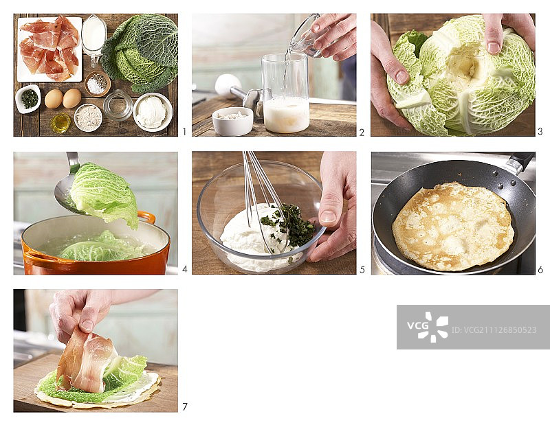 如何制作卷心菜帕尔马火腿煎饼卷图片素材