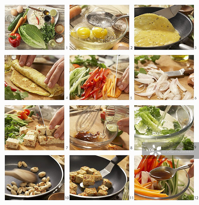 制作印尼沙拉配鸡蛋卷、花生和香菜图片素材