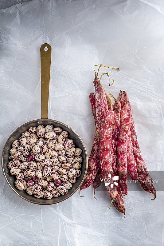 白纸背景上的带壳和完整博洛蒂豆图片素材