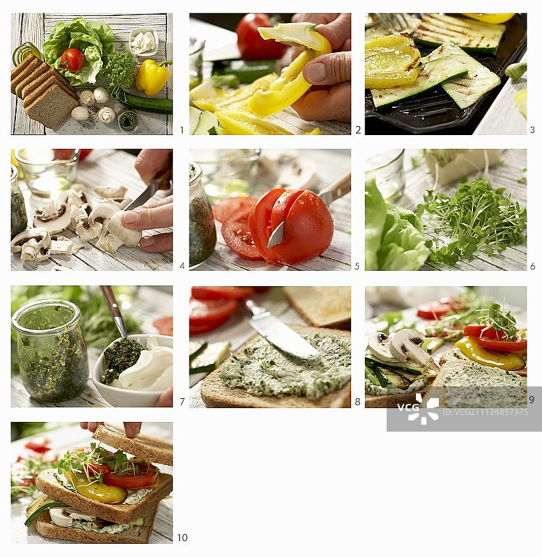制作烤蔬菜罗勒酱俱乐部三明治图片素材