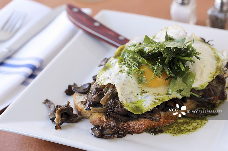 野生蘑菇意式烤面包（鸡油菌、塔雷吉欧奶酪、煎蛋）图片素材