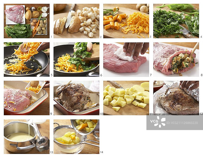 如何制作酿馅小牛肉，搭配根类蔬菜图片素材