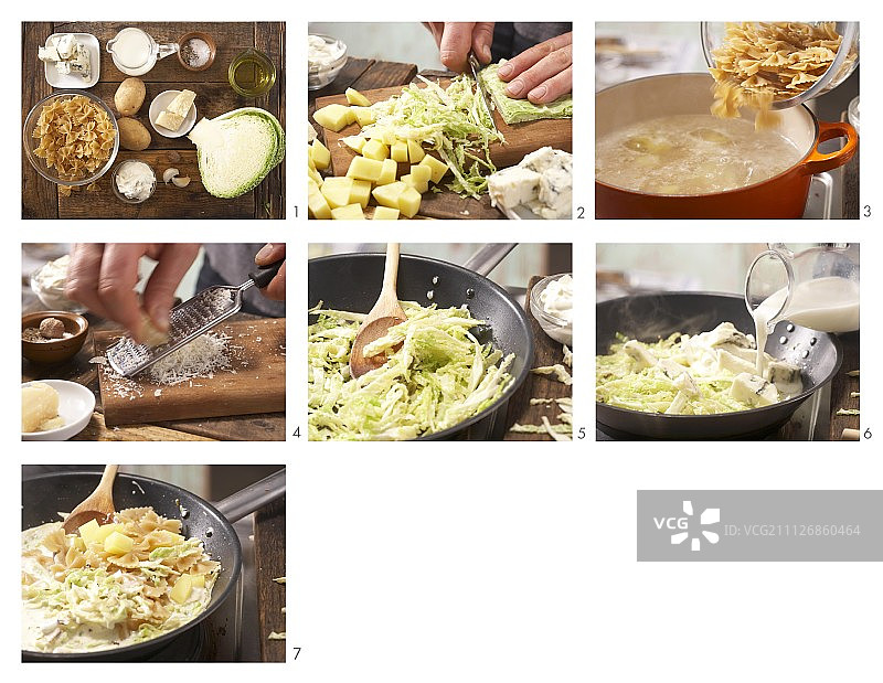 如何制作戈贡佐拉奶酪卷心菜丝意面图片素材