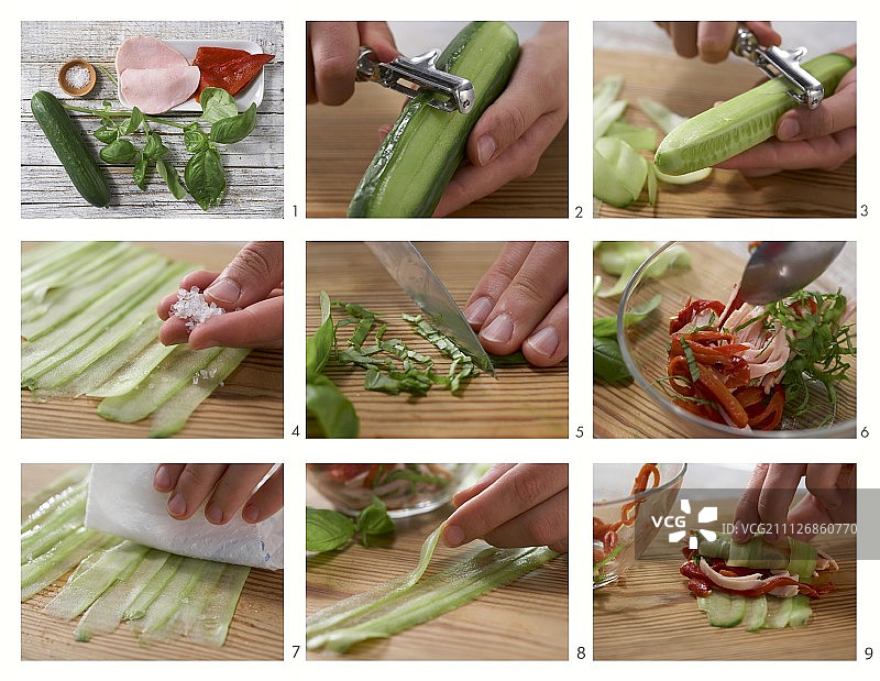 如何制作黄瓜卷，搭配辣椒和火鸡胸肉图片素材