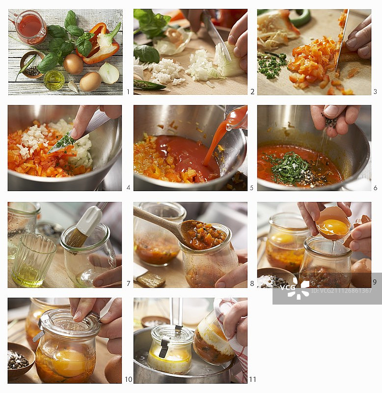 如何制作烤鸡蛋配辣椒和罗勒图片素材