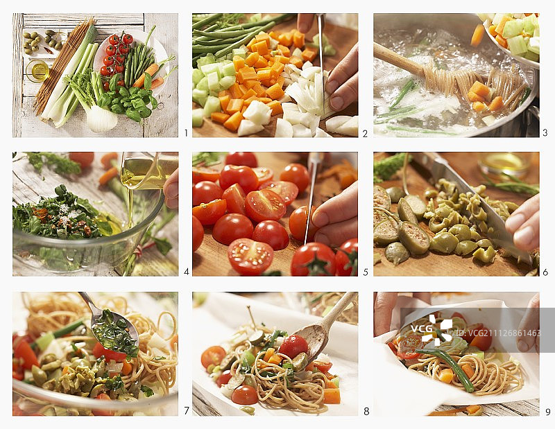 如何制作蔬菜罗勒油意粉纸包图片素材