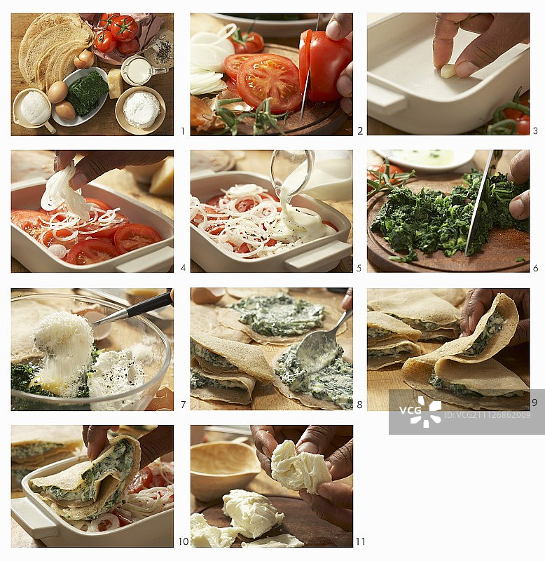 如何制作全麦意式薄饼，内馅菠菜和意大利乳清干酪图片素材