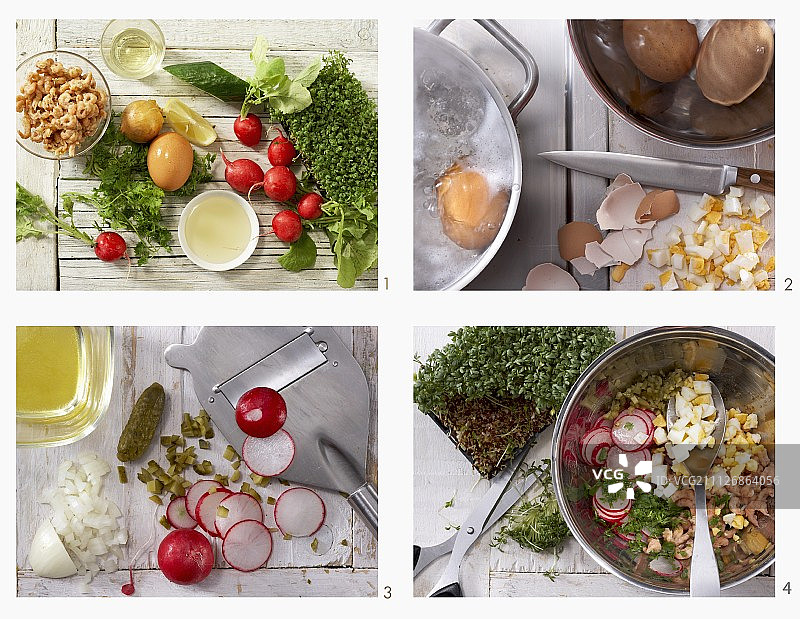 如何制作萝卜、鸡蛋和水芹蟹肉沙拉图片素材