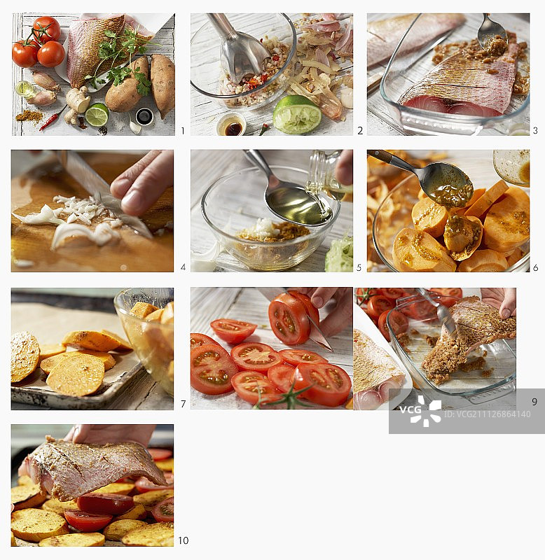 烤箱烤红鲷鱼片配红薯和番茄的做法图片素材