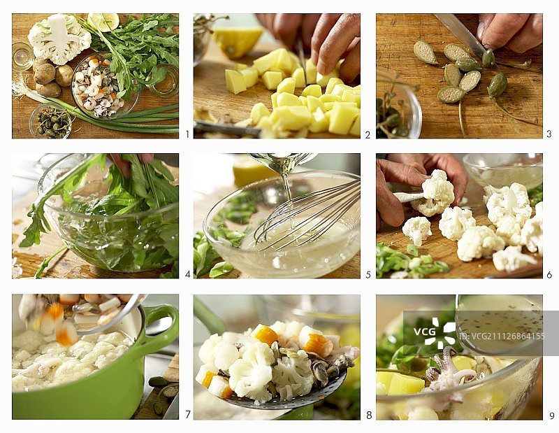 如何制作温拌海鲜蔬菜沙拉配大刺山柑图片素材