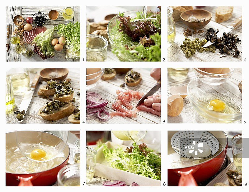 制作中的布拉asserie沙拉配荷包蛋图片素材