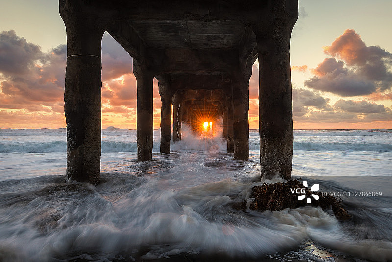 加州曼哈顿海滩码头的日落图片素材