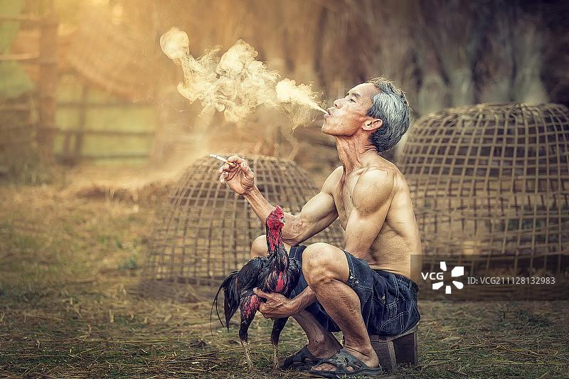 亚裔男人抽烟，旁边有斗鸡图片素材